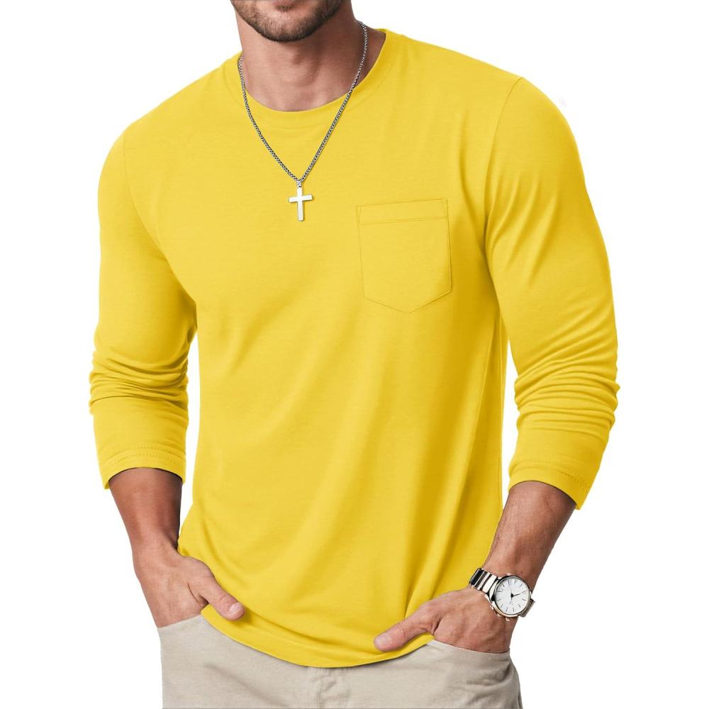 imageMAGCOMSEN Mens Long Sleeve Shirt with Pocket Cotton Crew Neck Shirts Casual Lightweight TShirt05yellow