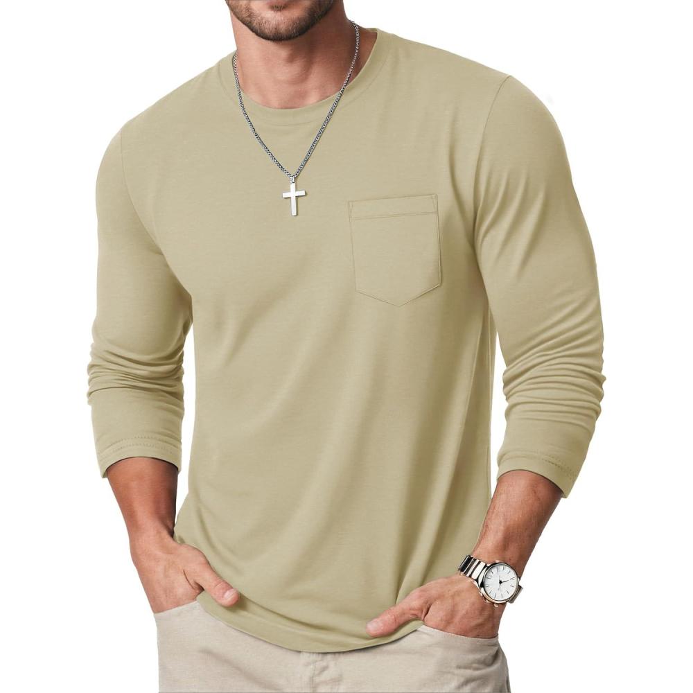 imageMAGCOMSEN Mens Long Sleeve Shirt with Pocket Cotton Crew Neck Shirts Casual Lightweight TShirt08khaki