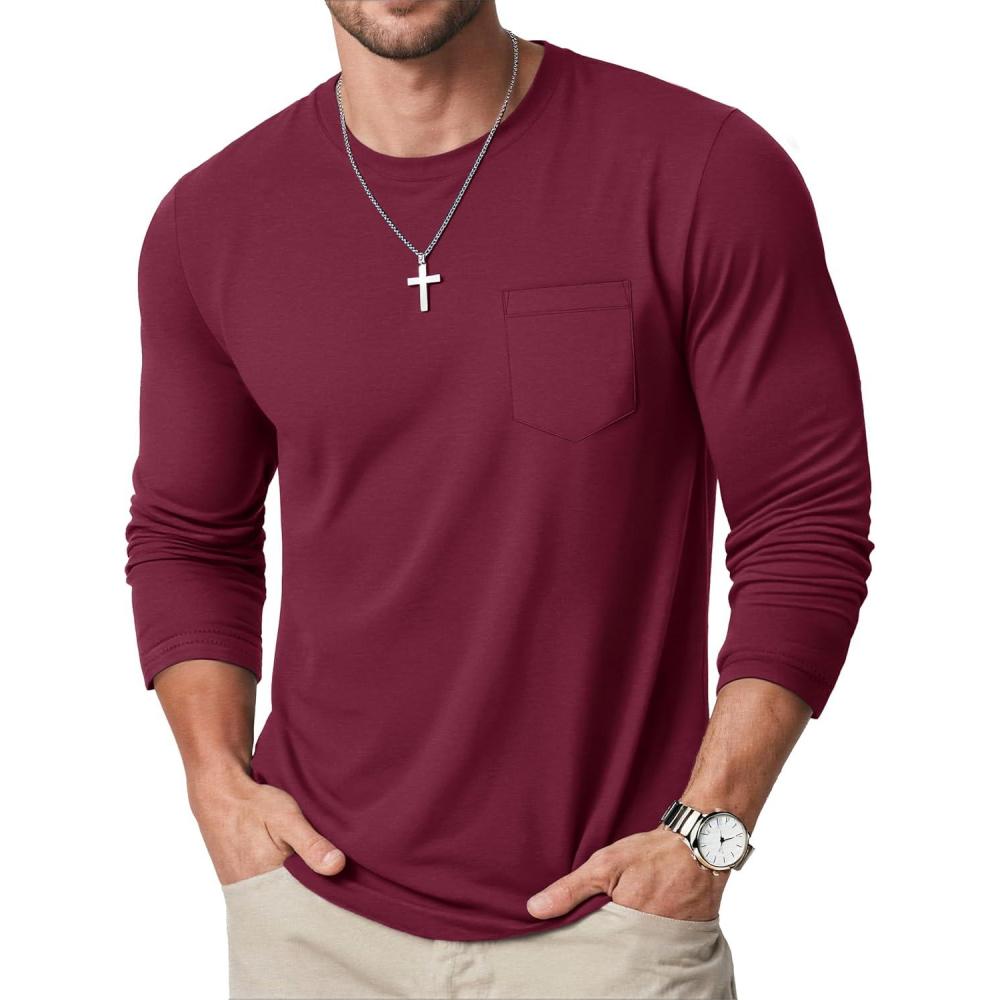imageMAGCOMSEN Mens Long Sleeve Shirt with Pocket Cotton Crew Neck Shirts Casual Lightweight TShirt09wine Red