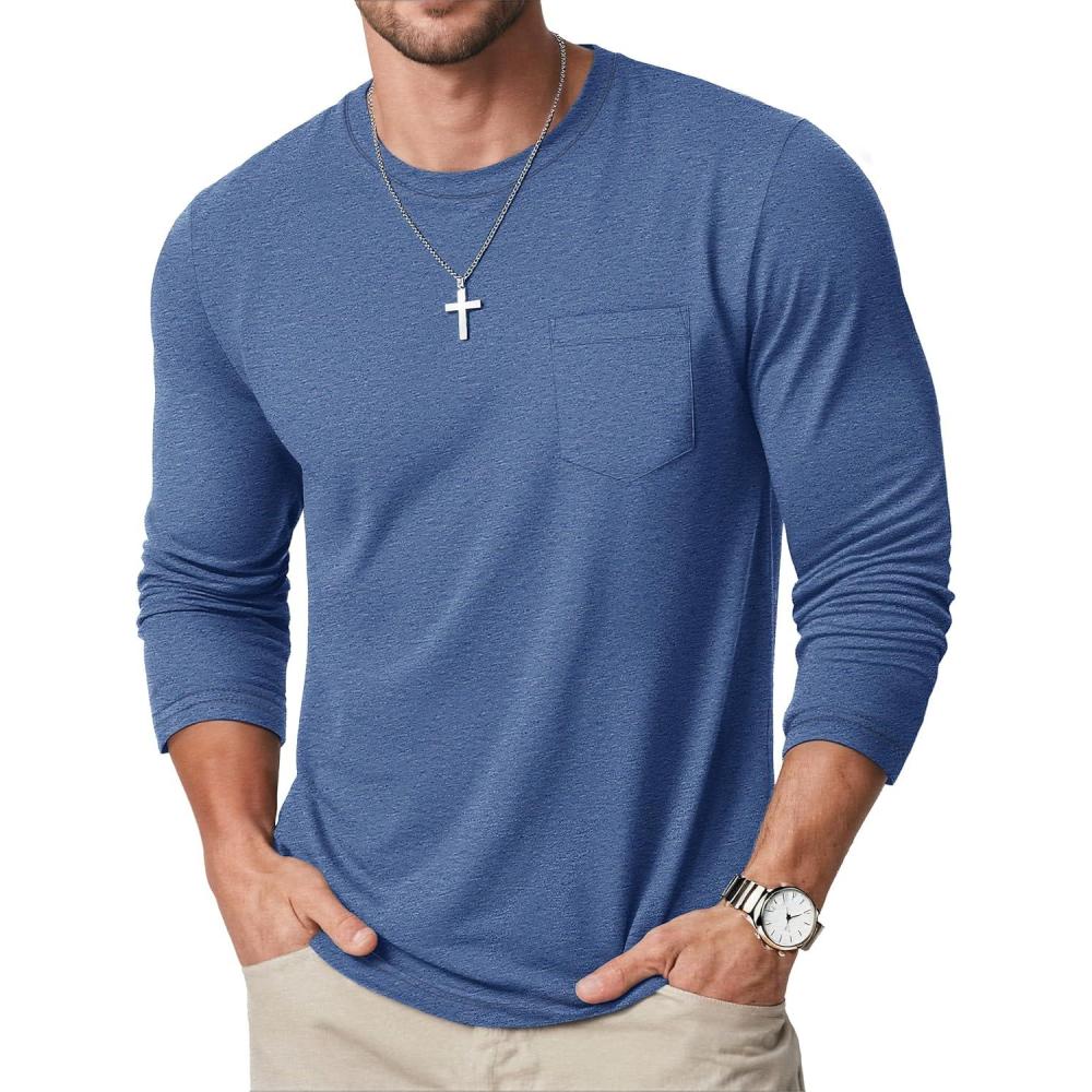 imageMAGCOMSEN Mens Long Sleeve Shirt with Pocket Cotton Crew Neck Shirts Casual Lightweight TShirt10grey Blue