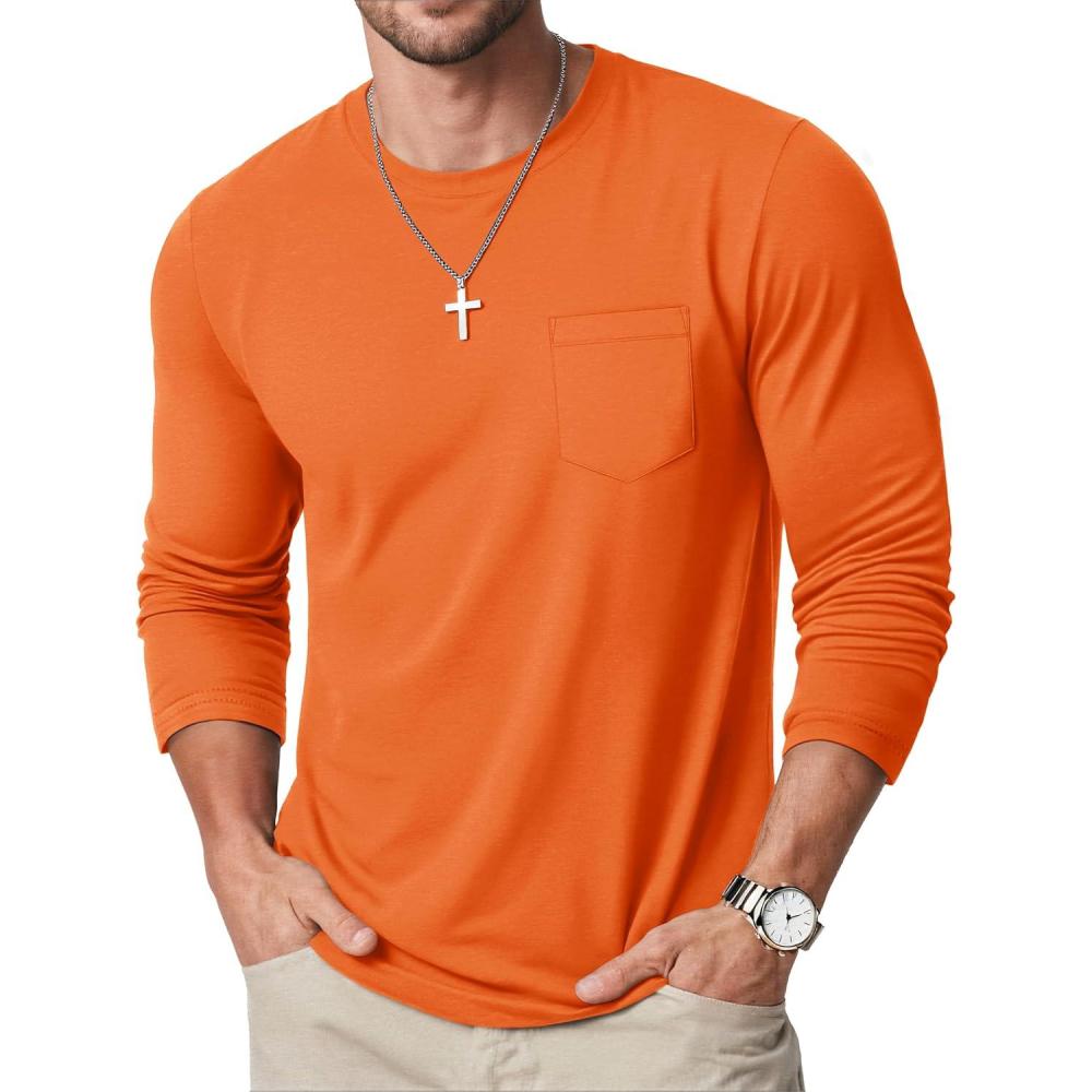 imageMAGCOMSEN Mens Long Sleeve Shirt with Pocket Cotton Crew Neck Shirts Casual Lightweight TShirt13orange