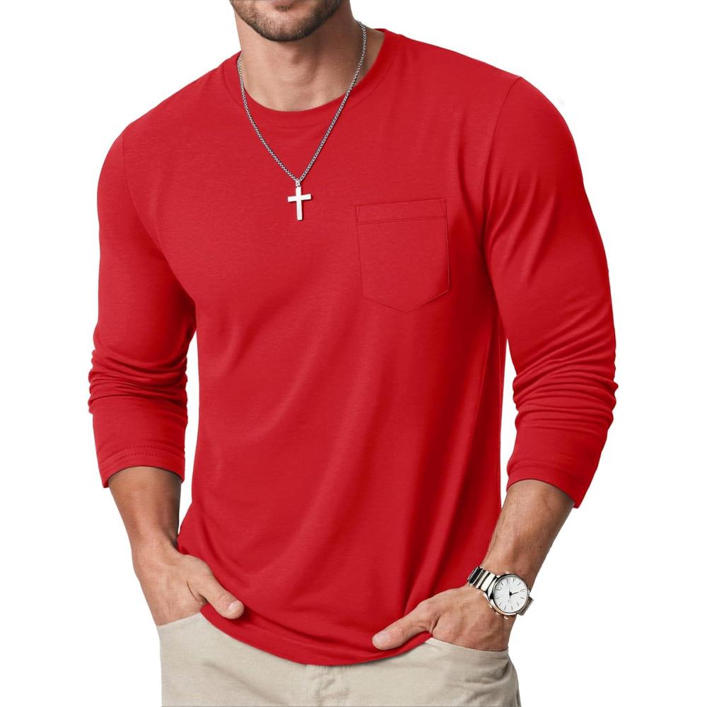 imageMAGCOMSEN Mens Long Sleeve Shirt with Pocket Cotton Crew Neck Shirts Casual Lightweight TShirt15red