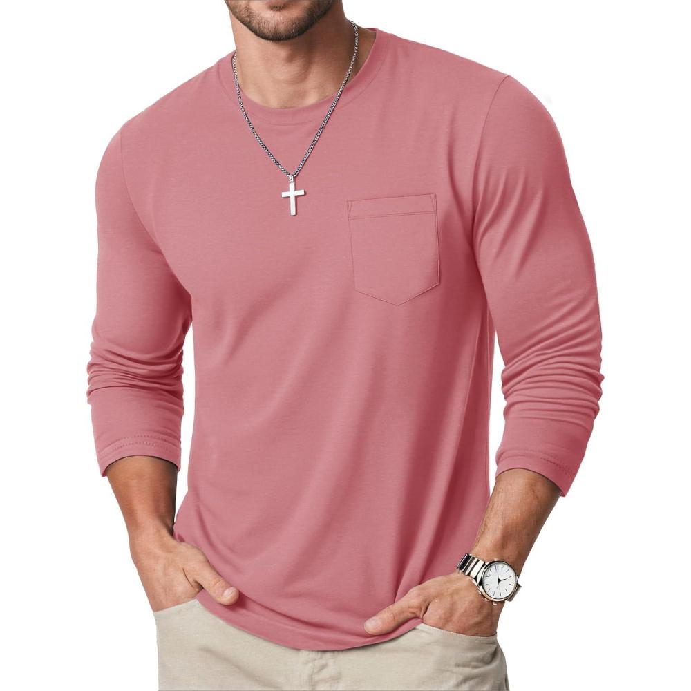 imageMAGCOMSEN Mens Long Sleeve Shirt with Pocket Cotton Crew Neck Shirts Casual Lightweight TShirt16grey Pink