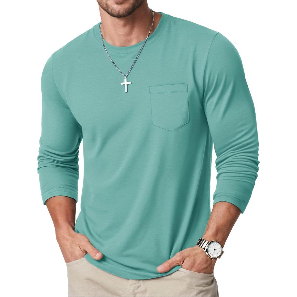 imageMAGCOMSEN Mens Long Sleeve Shirt with Pocket Cotton Crew Neck Shirts Casual Lightweight TShirt17grey Green