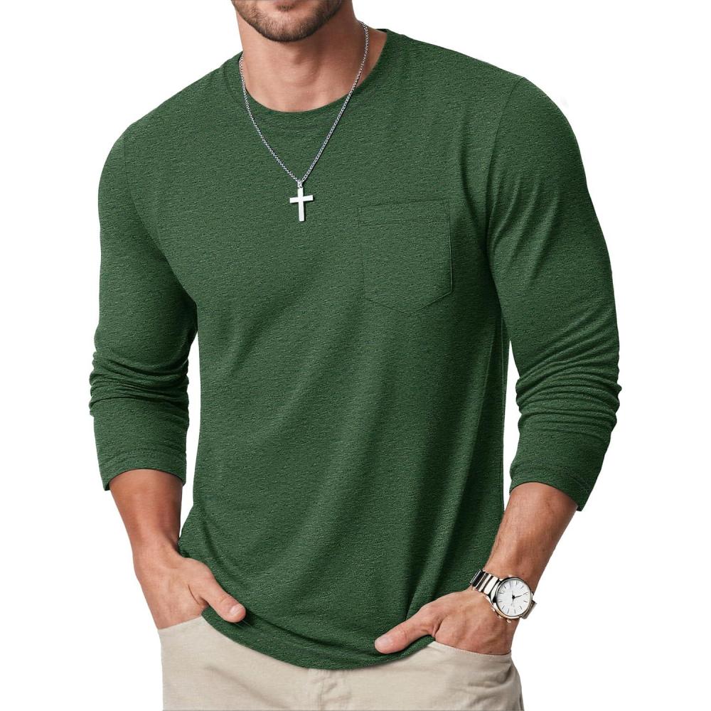 imageMAGCOMSEN Mens Long Sleeve Shirt with Pocket Cotton Crew Neck Shirts Casual Lightweight TShirt18dark Green