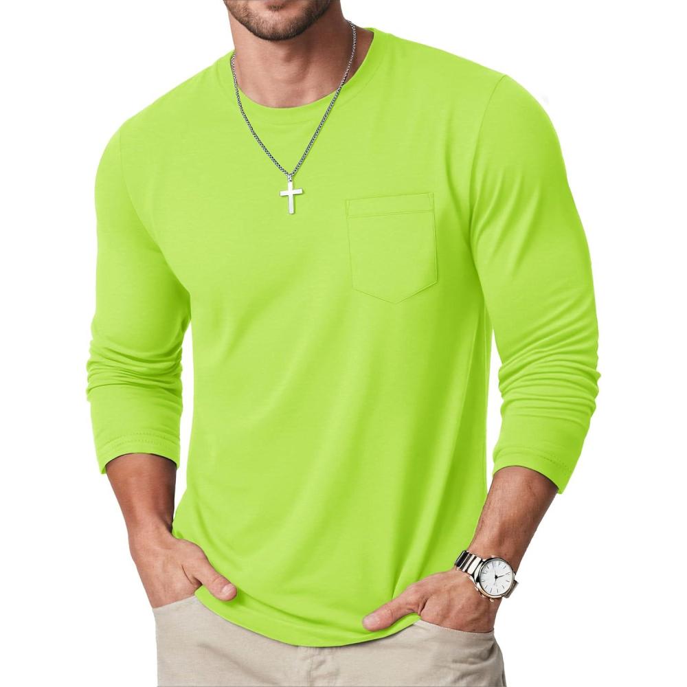 imageMAGCOMSEN Mens Long Sleeve Shirt with Pocket Cotton Crew Neck Shirts Casual Lightweight TShirt20fluorescent Green