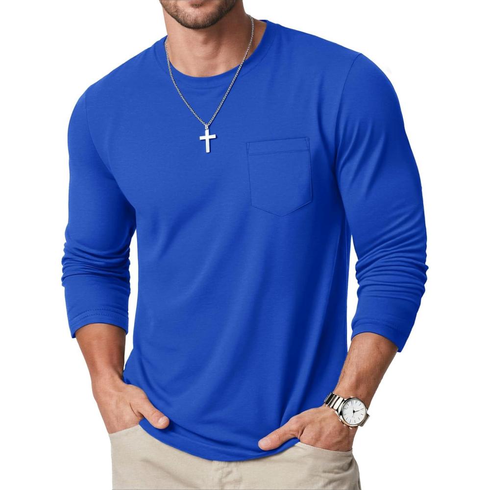 imageMAGCOMSEN Mens Long Sleeve Shirt with Pocket Cotton Crew Neck Shirts Casual Lightweight TShirt22color Blue