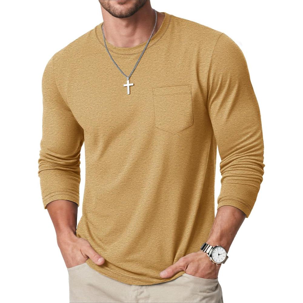 imageMAGCOMSEN Mens Long Sleeve Shirt with Pocket Cotton Crew Neck Shirts Casual Lightweight TShirt24earthy Yellow