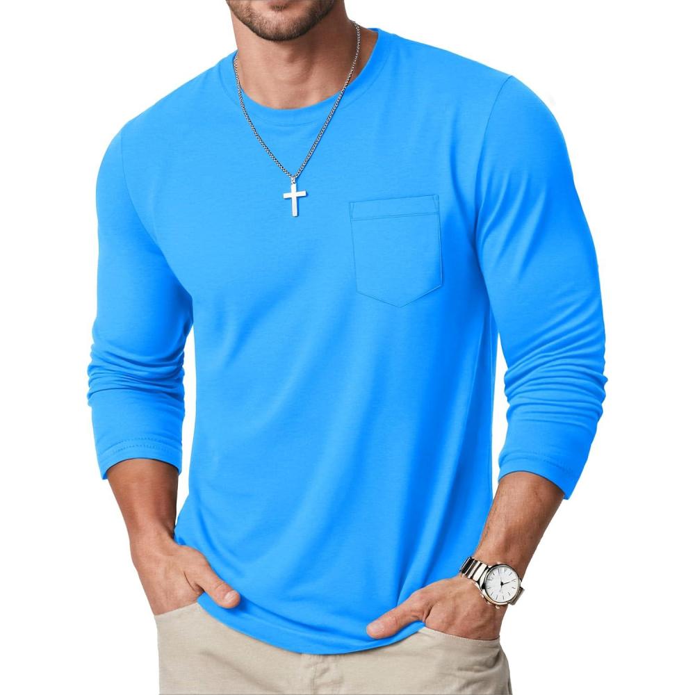 imageMAGCOMSEN Mens Long Sleeve Shirt with Pocket Cotton Crew Neck Shirts Casual Lightweight TShirt25azure
