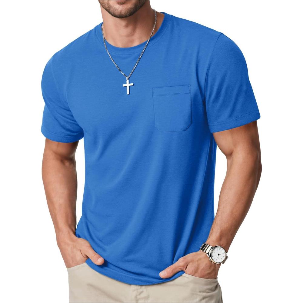 imageMAGCOMSEN Mens Pocket T Shirts Cooling UPF 50 Summer Tee Shirt Short Sleeve Crewneck Tee Cotton Lightweight Casual TShirtAzure
