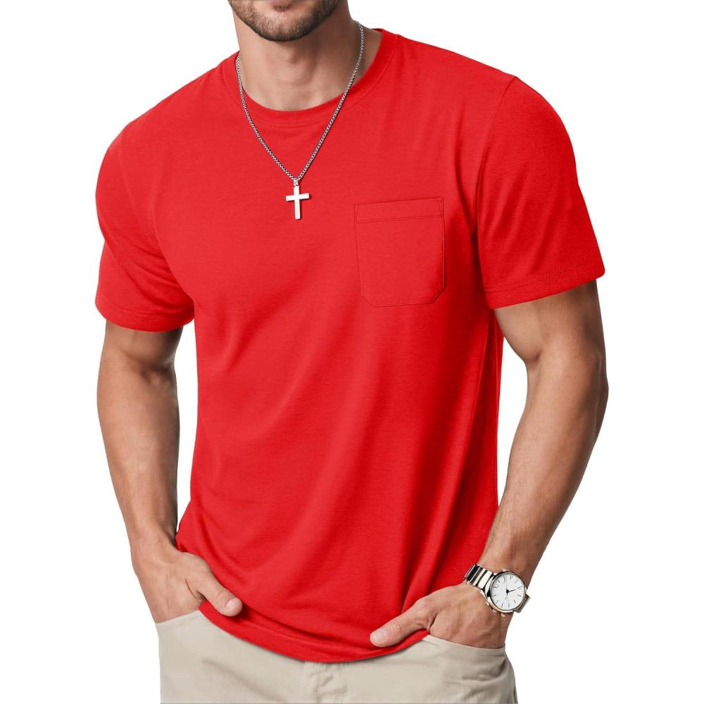 imageMAGCOMSEN Mens Pocket T Shirts Cooling UPF 50 Summer Tee Shirt Short Sleeve Crewneck Tee Cotton Lightweight Casual TShirtTomato Red