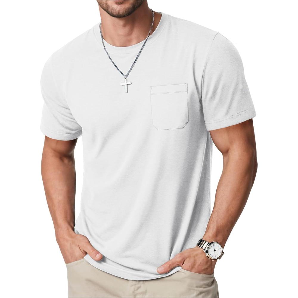imageMAGCOMSEN Mens Pocket T Shirts Cooling UPF 50 Summer Tee Shirt Short Sleeve Crewneck Tee Cotton Lightweight Casual TShirtWhite
