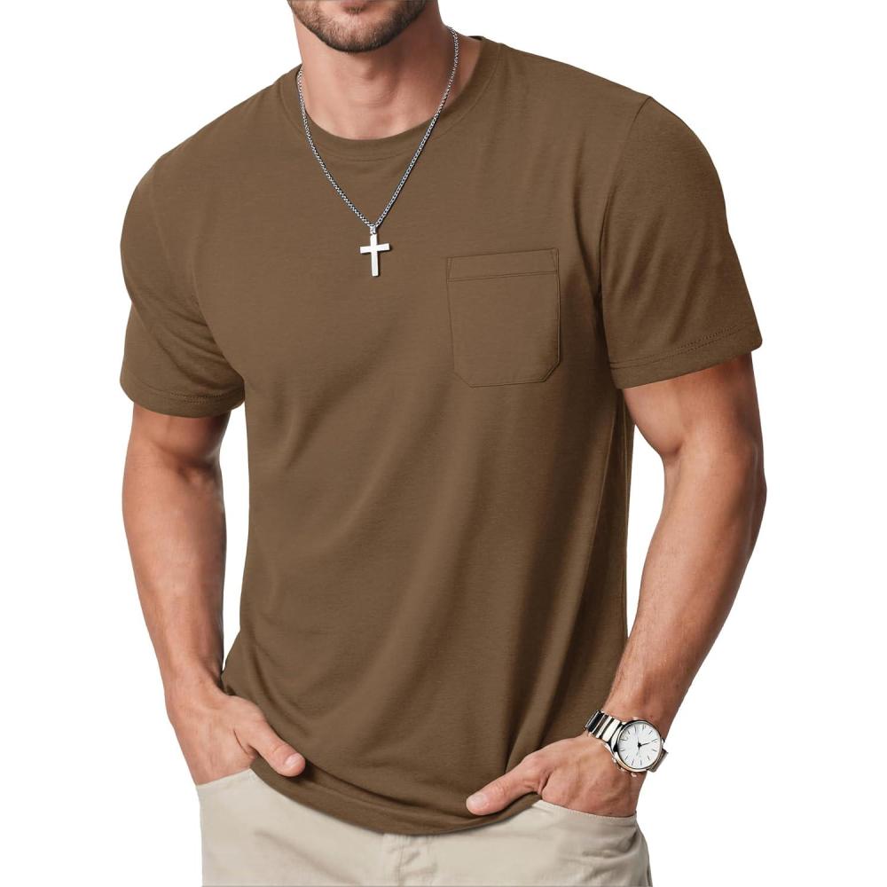imageMAGCOMSEN Mens Pocket T Shirts Cooling UPF 50 Summer Tee Shirt Short Sleeve Crewneck Tee Cotton Lightweight Casual TShirtWolf Brown