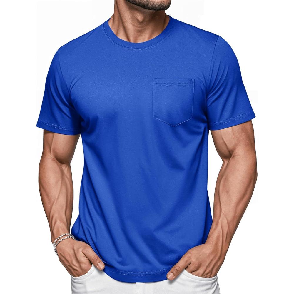 imageMAGCOMSEN Mens Pocket T Shirts Short Sleeve Cotton Moisture Wicking Plain Tshirts Casual Lightweight Summer Basic TeesBright Bluecotton