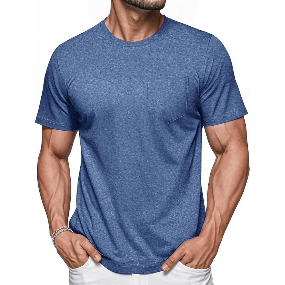 imageMAGCOMSEN Mens Pocket T Shirts Short Sleeve Cotton Moisture Wicking Plain Tshirts Casual Lightweight Summer Basic TeesGrey Bluecotton Blend