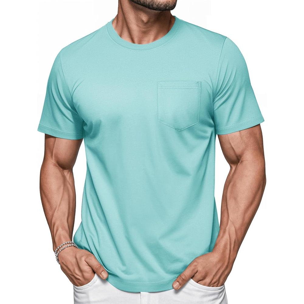 imageMAGCOMSEN Mens Pocket T Shirts Short Sleeve Cotton Moisture Wicking Plain Tshirts Casual Lightweight Summer Basic TeesLake Bluecotton