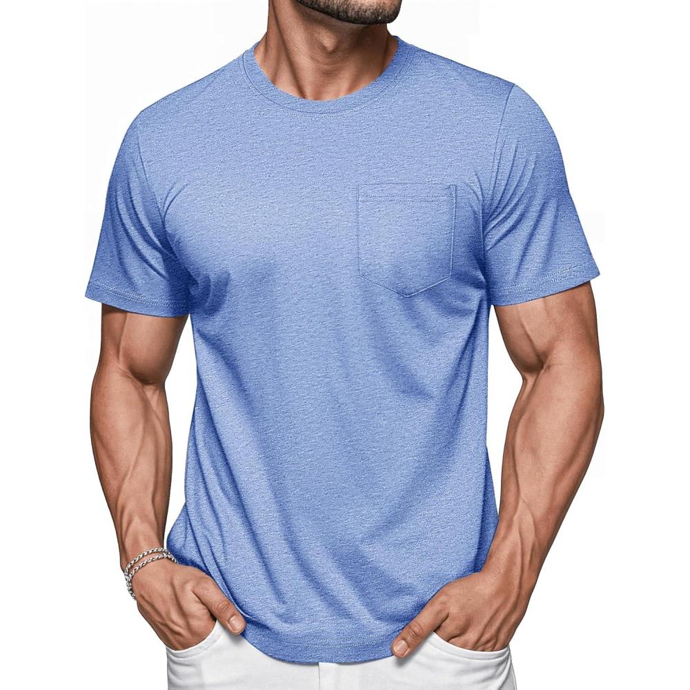 imageMAGCOMSEN Mens Pocket T Shirts Short Sleeve Cotton Moisture Wicking Plain Tshirts Casual Lightweight Summer Basic TeesLight Bluecotton Blend