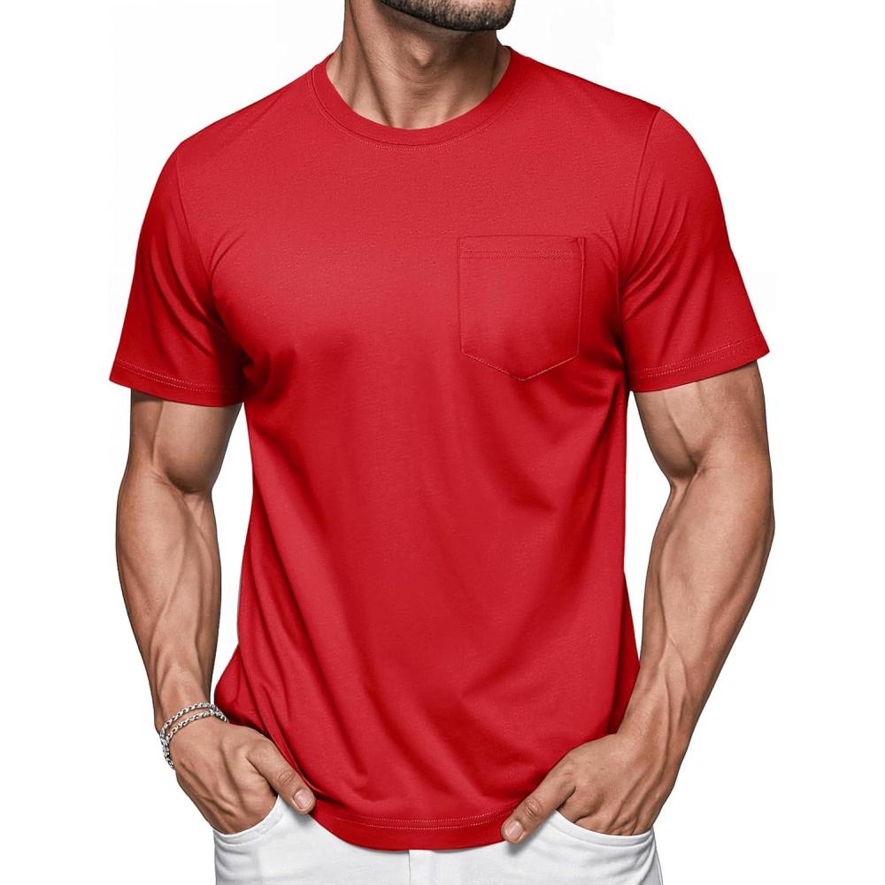 imageMAGCOMSEN Mens Pocket T Shirts Short Sleeve Cotton Moisture Wicking Plain Tshirts Casual Lightweight Summer Basic TeesRedcotton