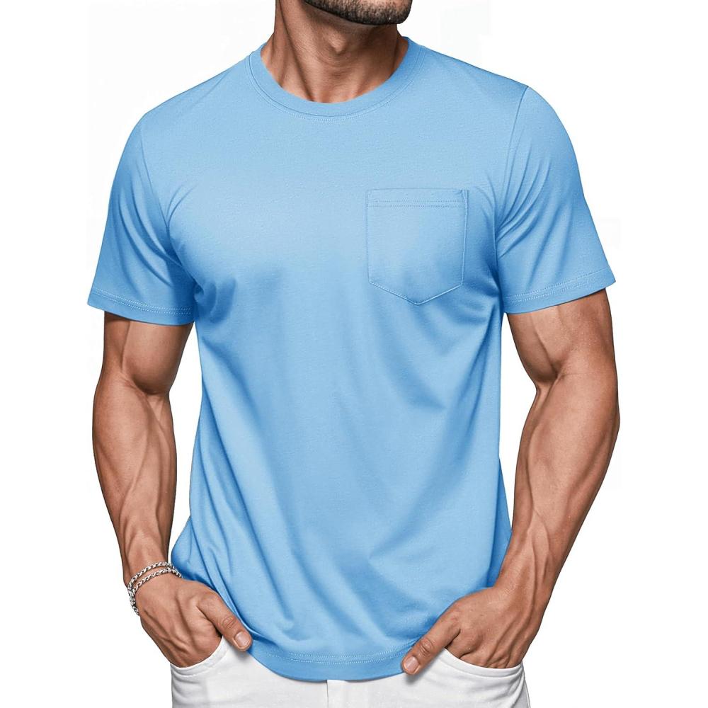 imageMAGCOMSEN Mens Pocket T Shirts Short Sleeve Cotton Moisture Wicking Plain Tshirts Casual Lightweight Summer Basic TeesWater Bluecotton