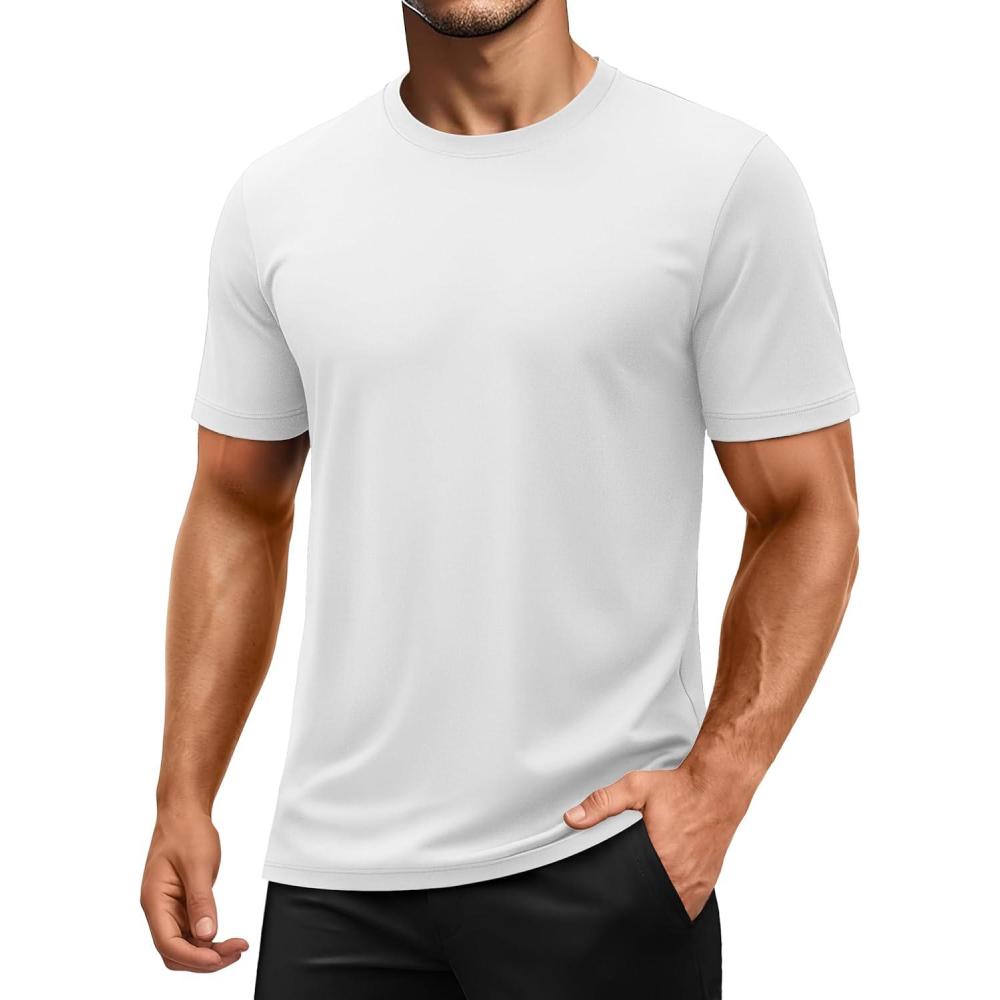 imageMAGCOMSEN Mens Short Sleeve UPF 50 Shirts Quick Dry Athletic Swim Tshirt Running Workout Gym Hiking Fishing Rash GuardWhite