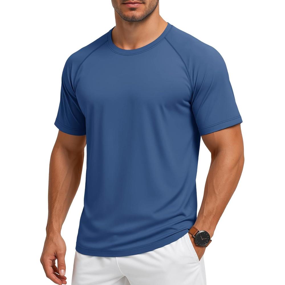 imageMAGCOMSEN Mens Short Sleeve UPF 50 Sun Protection Shirts Quick Dry Athletic TShirt Hiking Running Swimming Rash GuardBlue Gray