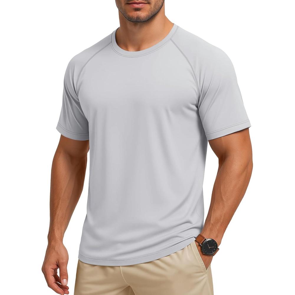 imageMAGCOMSEN Mens Short Sleeve UPF 50 Sun Protection Shirts Quick Dry Athletic TShirt Hiking Running Swimming Rash GuardLight Gray