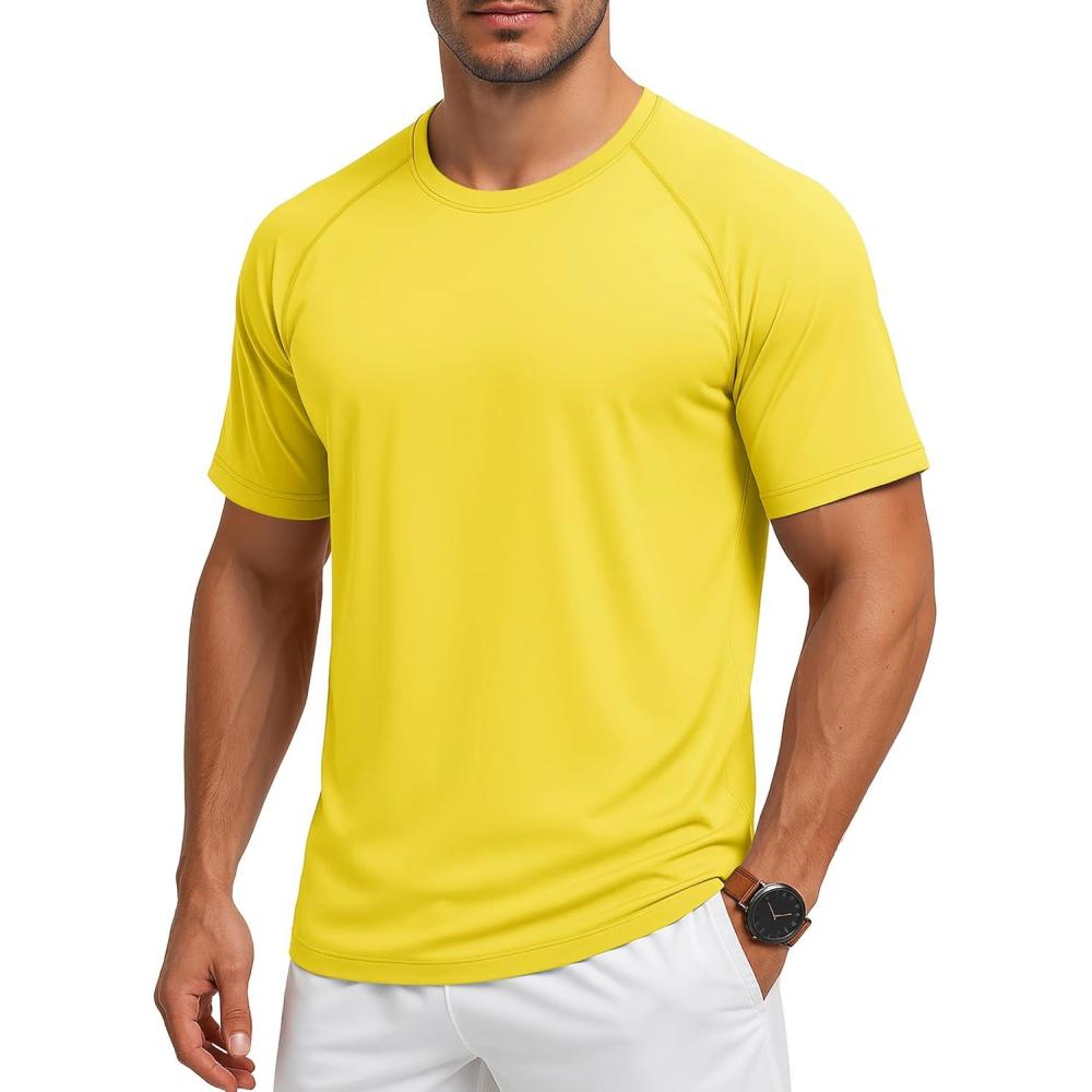 imageMAGCOMSEN Mens Short Sleeve UPF 50 Sun Protection Shirts Quick Dry Athletic TShirt Hiking Running Swimming Rash GuardYellow