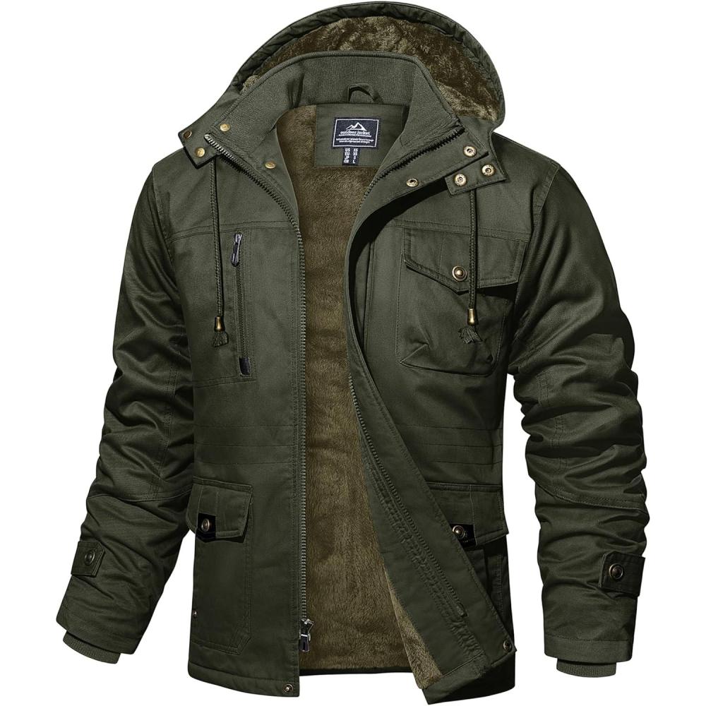 imageMAGCOMSEN Mens Winter Jacket Cotton Fleece Lined Warm Jackets Work Cargo Military Coats with 6 Pockets2 Green