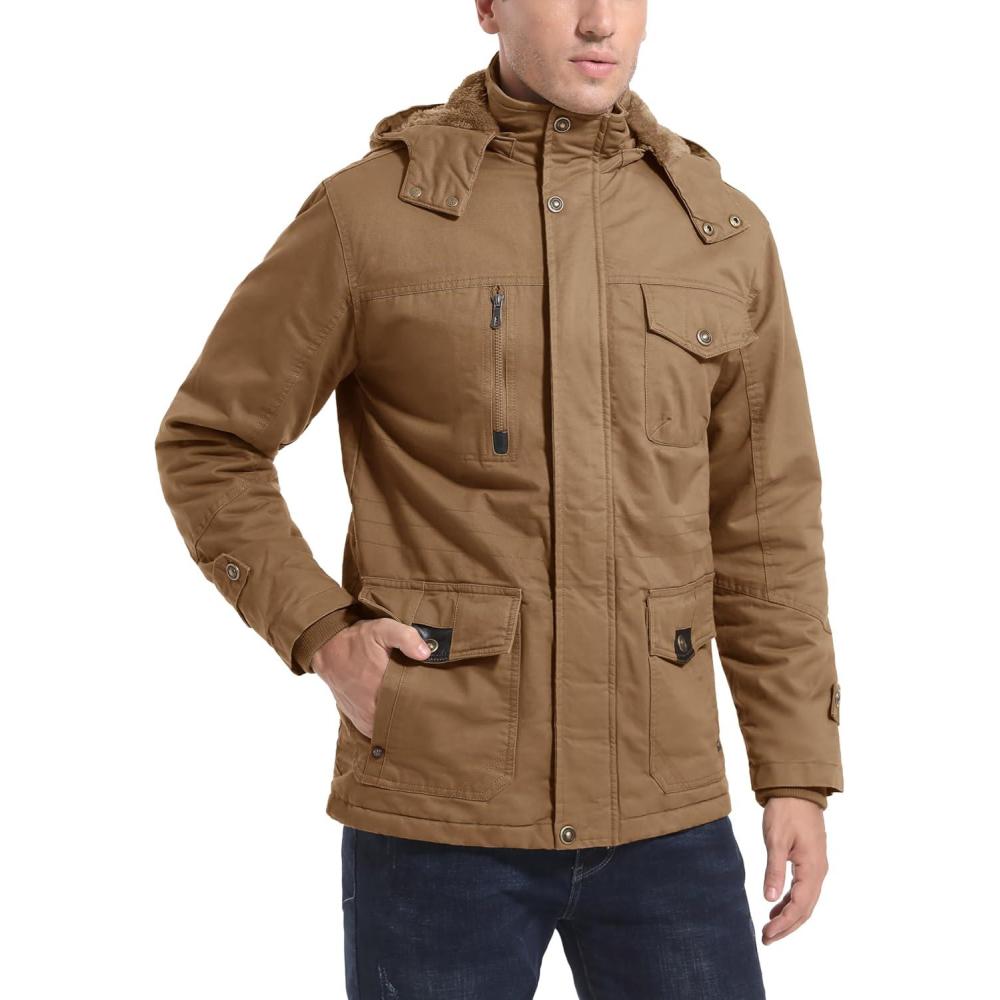 imageMAGCOMSEN Mens Winter Jacket Cotton Fleece Lined Warm Jackets Work Cargo Military Coats with 6 Pockets2 Khaki