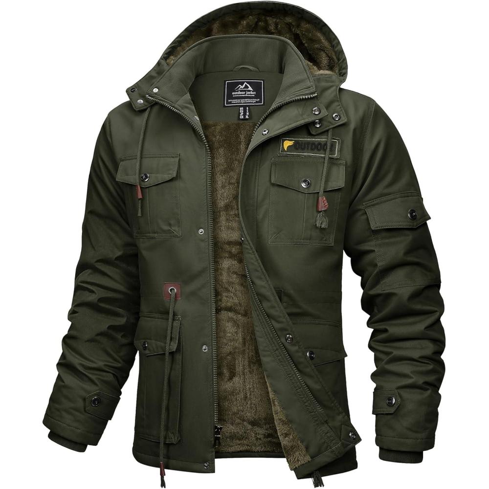 imageMAGCOMSEN Mens Winter Jacket Cotton Fleece Lined Warm Jackets Work Cargo Military Coats with 6 PocketsArmy Green