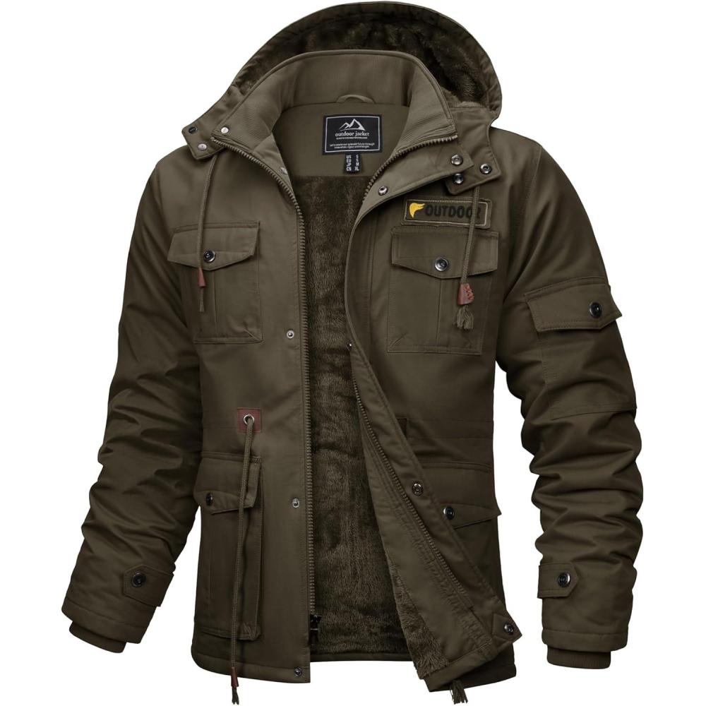 imageMAGCOMSEN Mens Winter Jacket Cotton Fleece Lined Warm Jackets Work Cargo Military Coats with 6 PocketsCoffee
