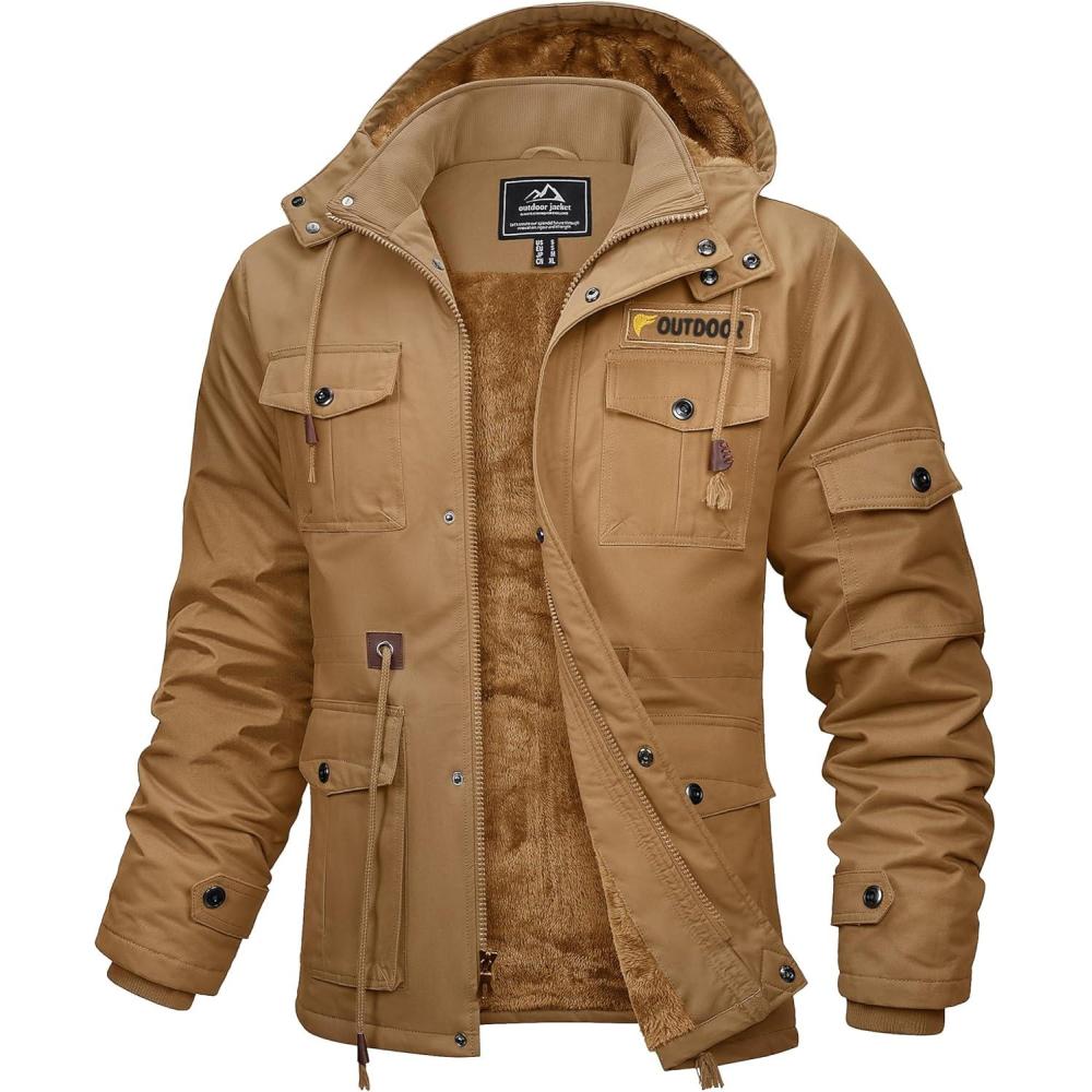 imageMAGCOMSEN Mens Winter Jacket Cotton Fleece Lined Warm Jackets Work Cargo Military Coats with 6 PocketsKhaki