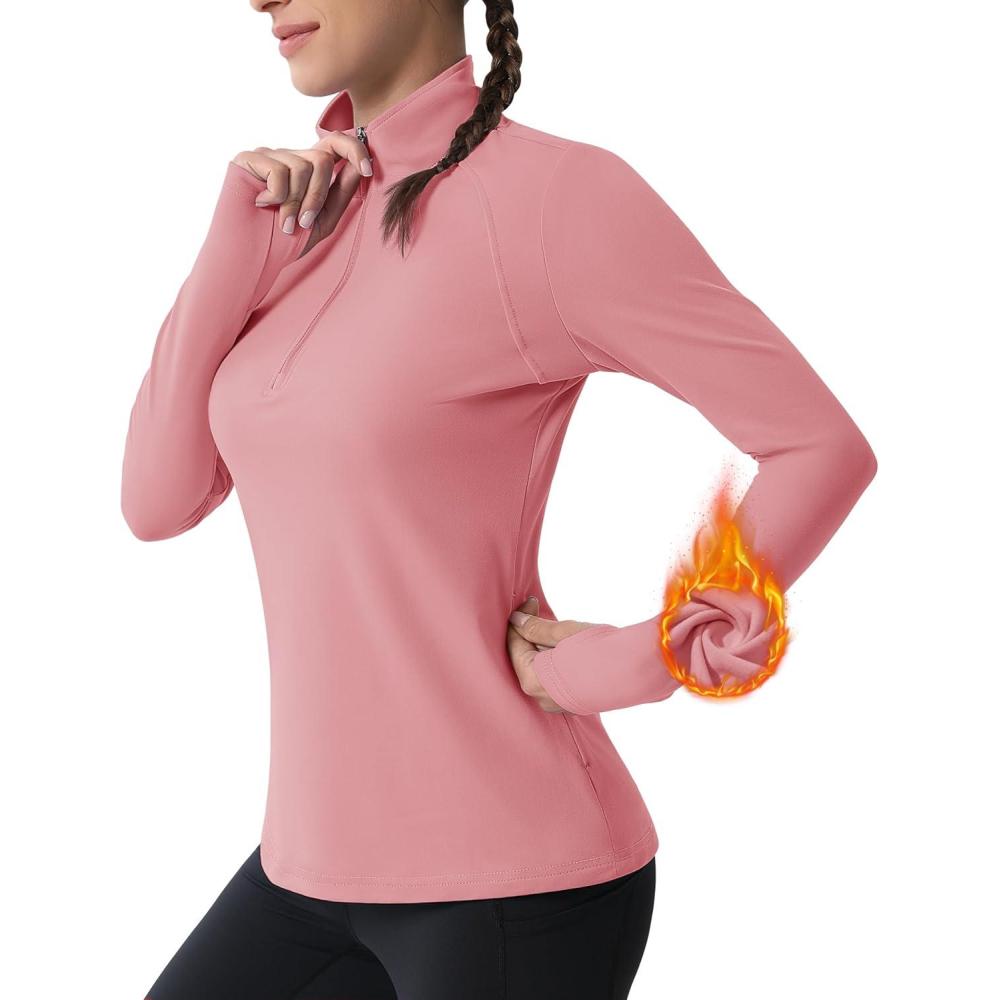 imageMAGCOMSEN Womens 14 Quarter Zip Pullover Thermal Running Shirts Long Sleeve Athletic Warm Tops with Zip PocketsGrey Pink