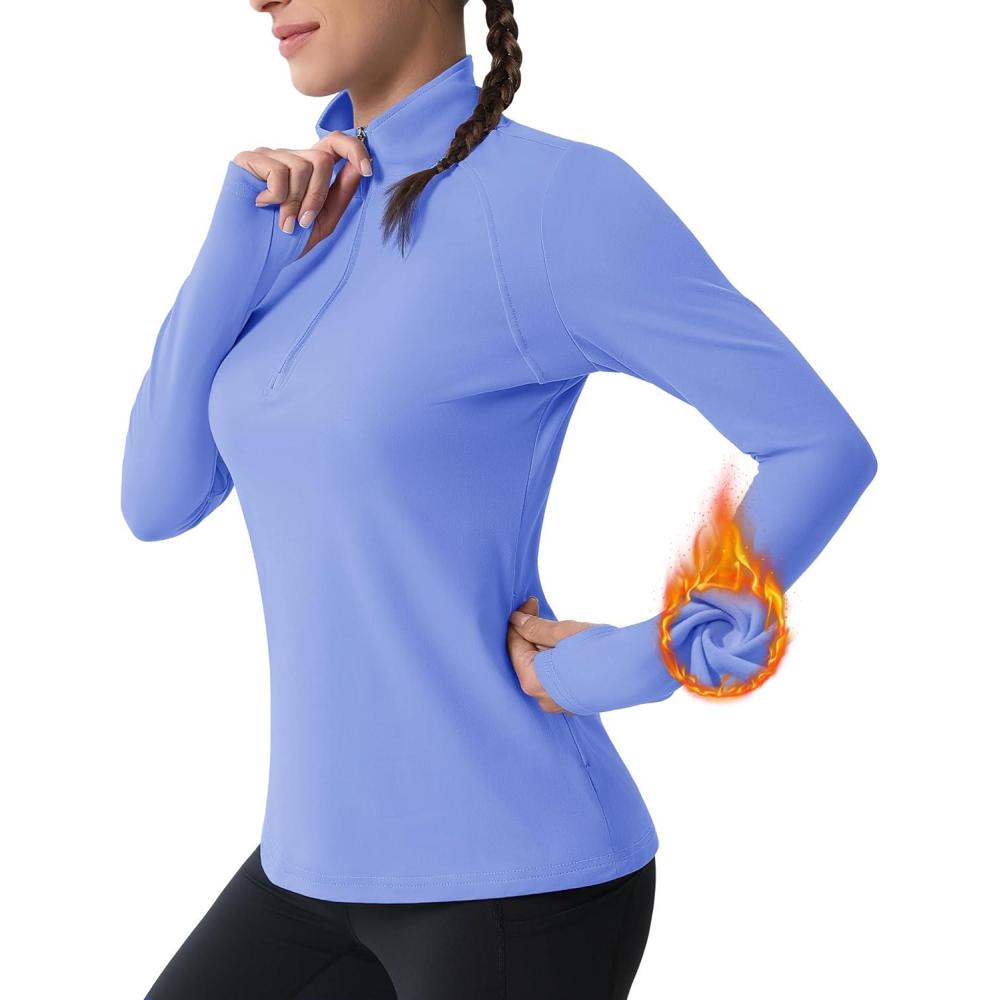 imageMAGCOMSEN Womens 14 Quarter Zip Pullover Thermal Running Shirts Long Sleeve Athletic Warm Tops with Zip PocketsLight Blue