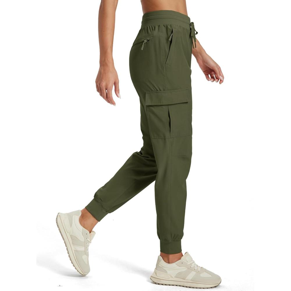 imageMAGCOMSEN Womens Cargo Joggers Lightweight Quick Dry Hiking Pants UPF 50 Athletic Workout Travel Joggers Zipper PocketsArmy Green