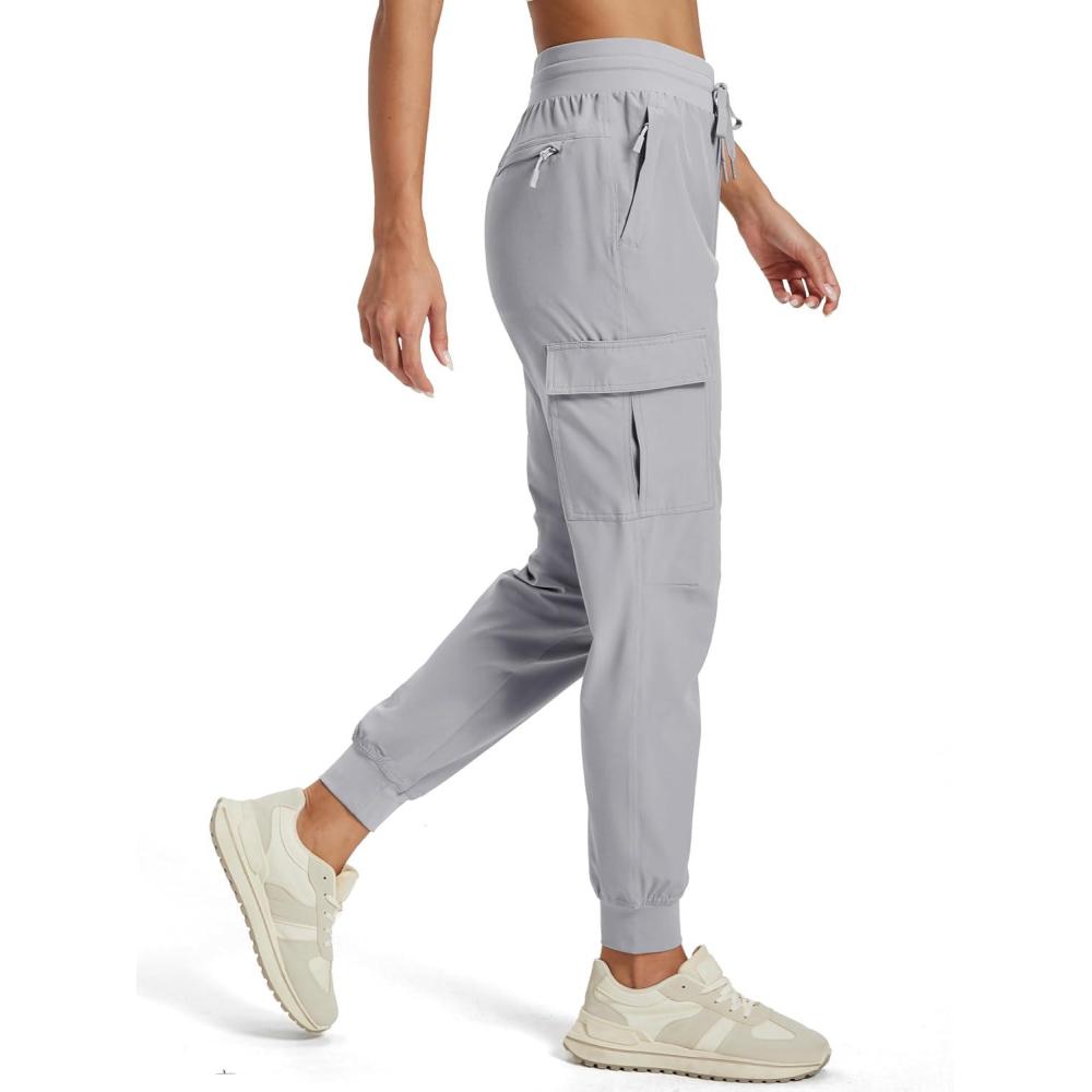 imageMAGCOMSEN Womens Cargo Joggers Lightweight Quick Dry Hiking Pants UPF 50 Athletic Workout Travel Joggers Zipper PocketsLight Gray