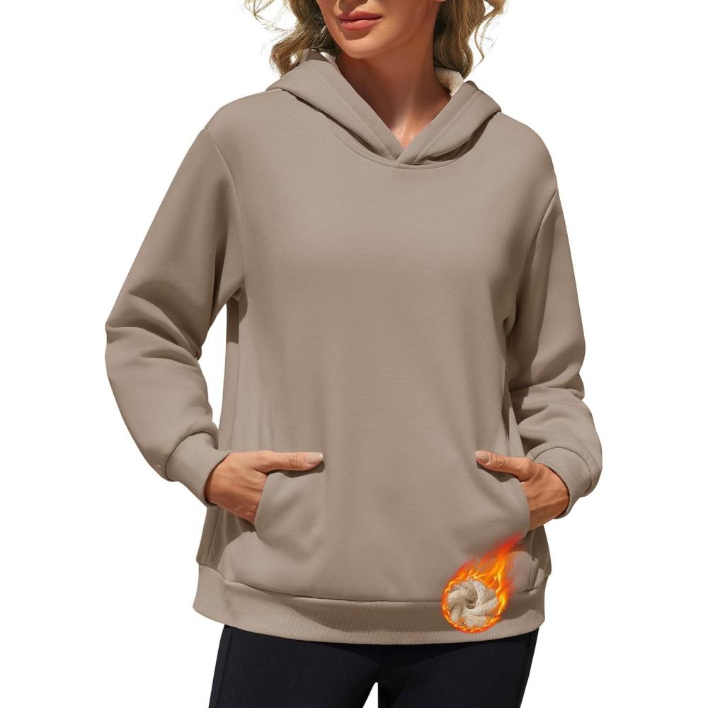 imageMAGCOMSEN Womens Fleece Hoodie Pullover Warm Long Sleeve Shirts Hooded Sweatshirt with Pockets Casual Loose FitCoffee Grey