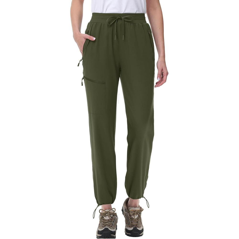 imageMAGCOMSEN Womens Hiking Pants UPF 50 Water Resistant Quick Dry Lightweight Elastic Waist Cargo Pants with 4 PocketsArmy Green