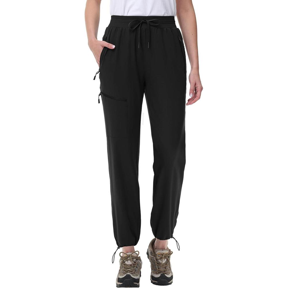 imageMAGCOMSEN Womens Hiking Pants UPF 50 Water Resistant Quick Dry Lightweight Elastic Waist Cargo Pants with 4 PocketsBlack