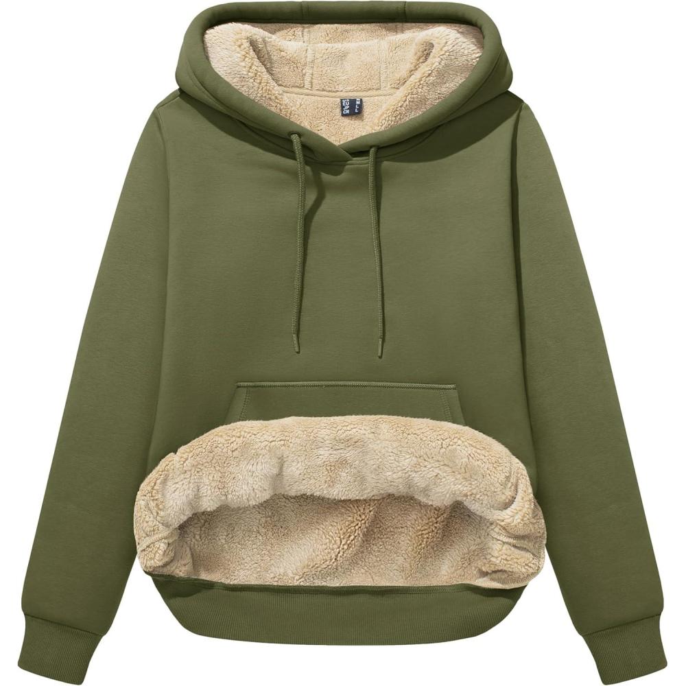 imageMAGCOMSEN Womens Hoodies Thick Fleece Lined Hooded Sweatshirt Warm Sherpa Lined Heavyweight Pullover with PocketArmy Green