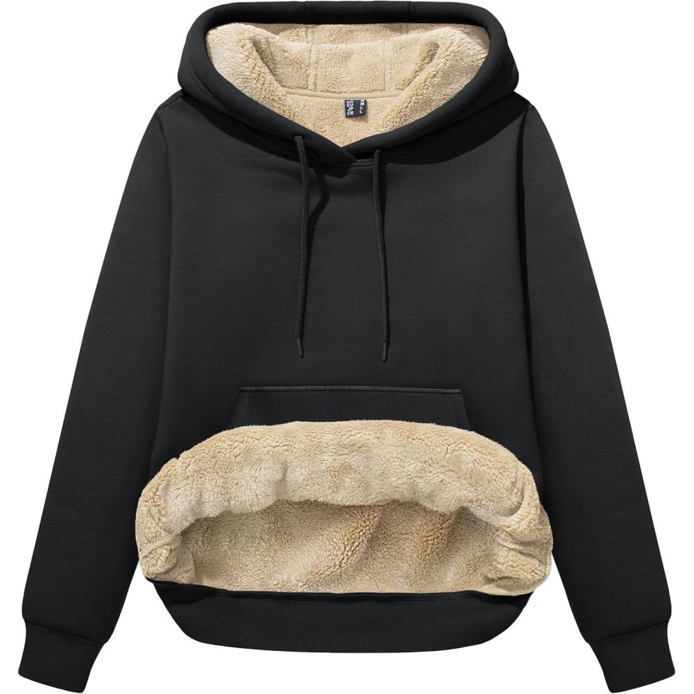 imageMAGCOMSEN Womens Hoodies Thick Fleece Lined Hooded Sweatshirt Warm Sherpa Lined Heavyweight Pullover with PocketBlack