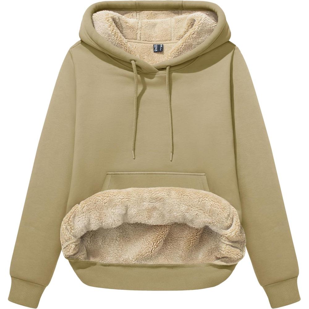 imageMAGCOMSEN Womens Hoodies Thick Fleece Lined Hooded Sweatshirt Warm Sherpa Lined Heavyweight Pullover with PocketKhaki