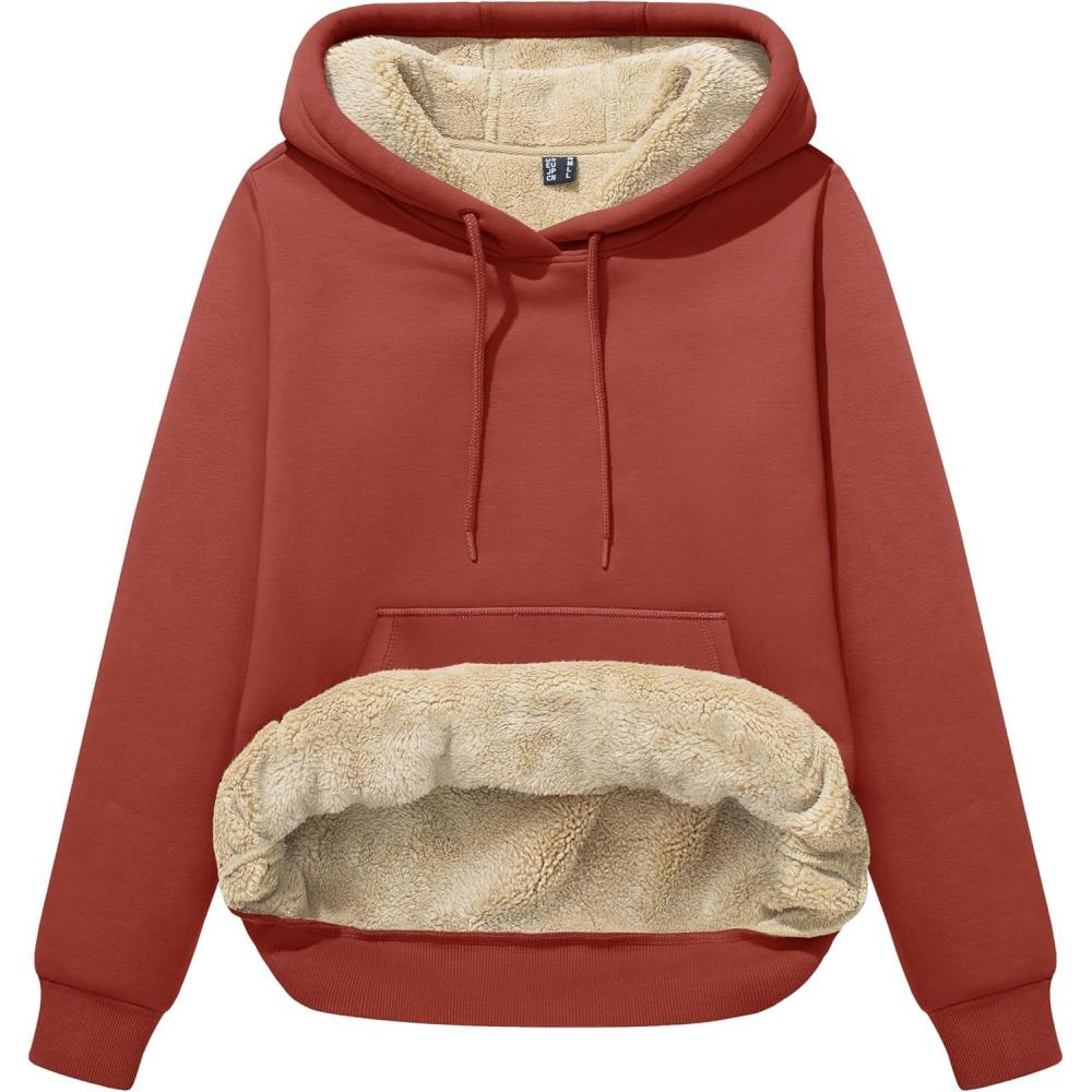 imageMAGCOMSEN Womens Hoodies Thick Fleece Lined Hooded Sweatshirt Warm Sherpa Lined Heavyweight Pullover with PocketOrange Red