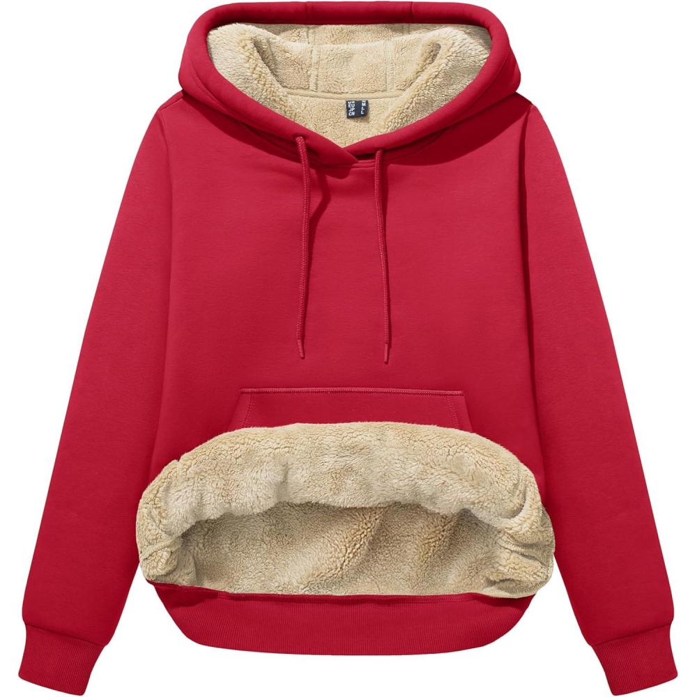 imageMAGCOMSEN Womens Hoodies Thick Fleece Lined Hooded Sweatshirt Warm Sherpa Lined Heavyweight Pullover with PocketTomato Red