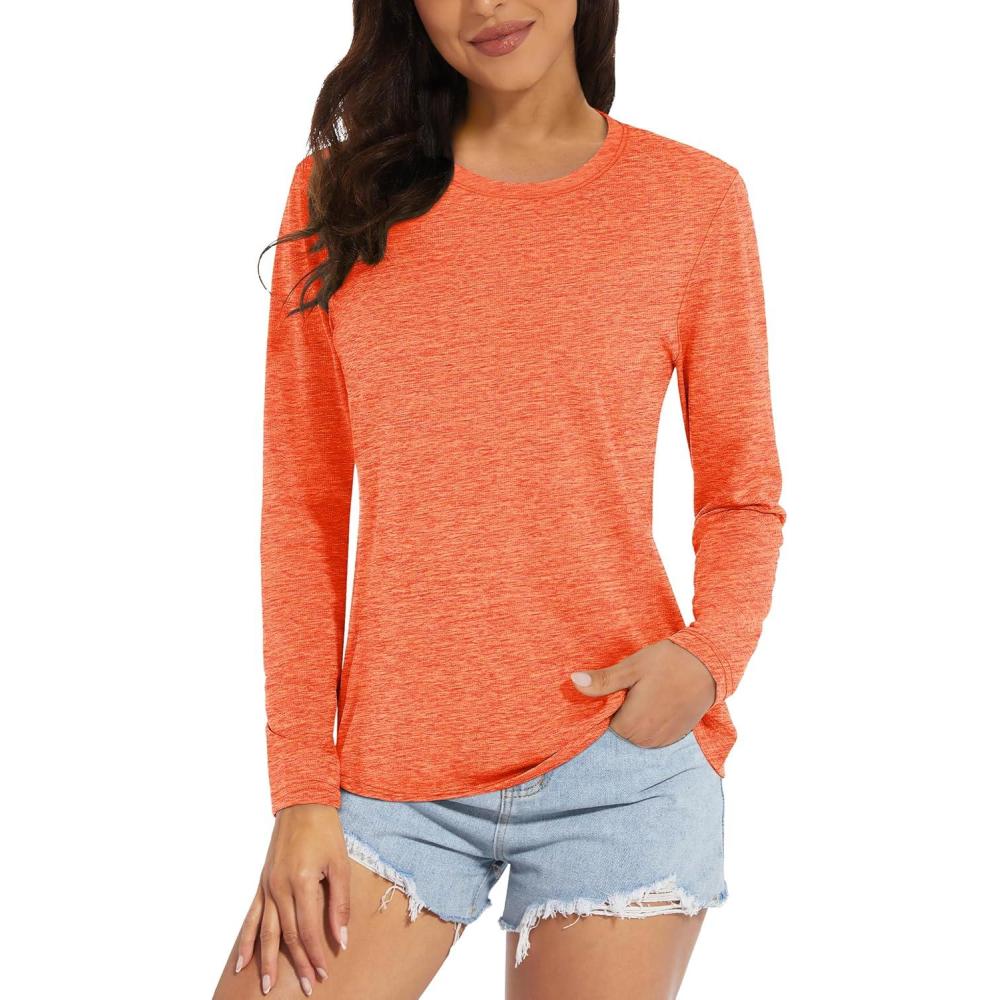 imageMAGCOMSEN Womens Long Sleeve Shirts UPF 50 Sun Protection Quick Dry Athletic Running Workout Tops Rash GuardOrange