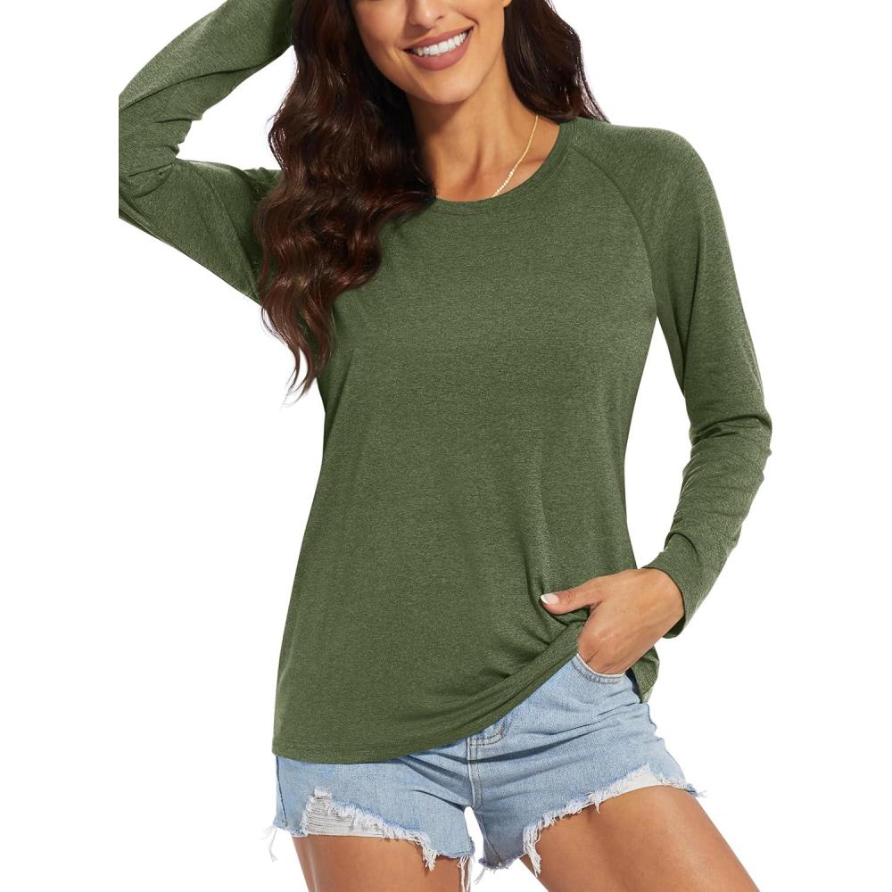imageMAGCOMSEN Womens Long Sleeve Shirts UPF 50 Workout Tops Sun Protection Athletic Running Swim Rash GuardArmy Green