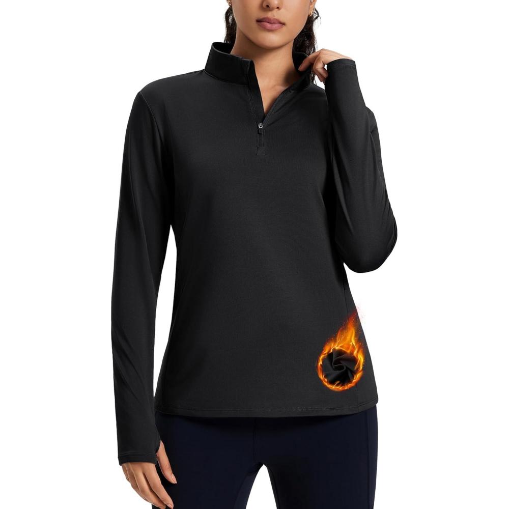 imageMAGCOMSEN Womens Quarter Zip Fleece Pullover Mock Neck Thermal Shirts with Zip Pocket Athletic Running TopsBlack
