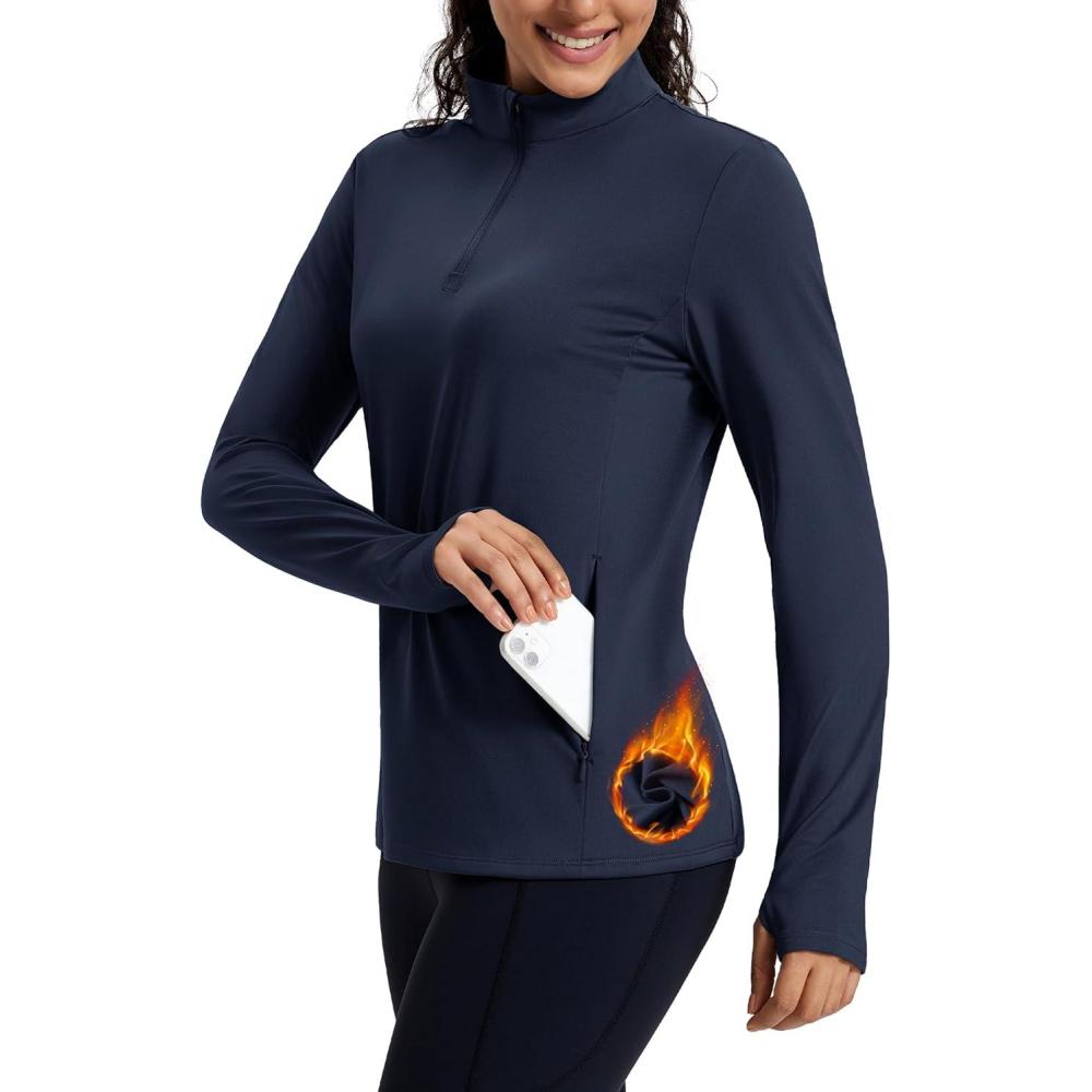 imageMAGCOMSEN Womens Quarter Zip Fleece Pullover Mock Neck Thermal Shirts with Zip Pocket Athletic Running TopsNavy