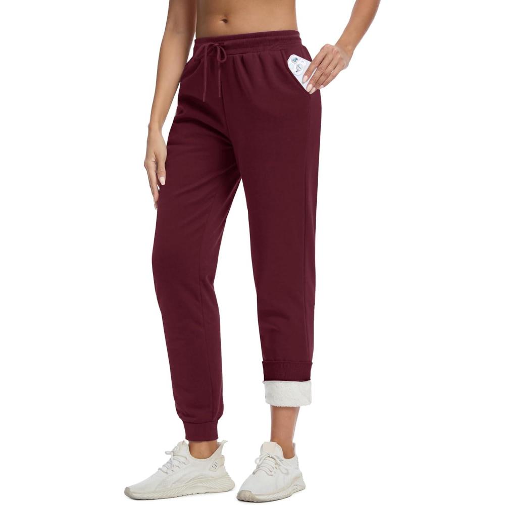 imageMAGCOMSEN Womens Sherpa Lined Sweatpants Winter Warm Fleece Pants Insulated Thermal Athletic Joggers with PocketsBurgundy