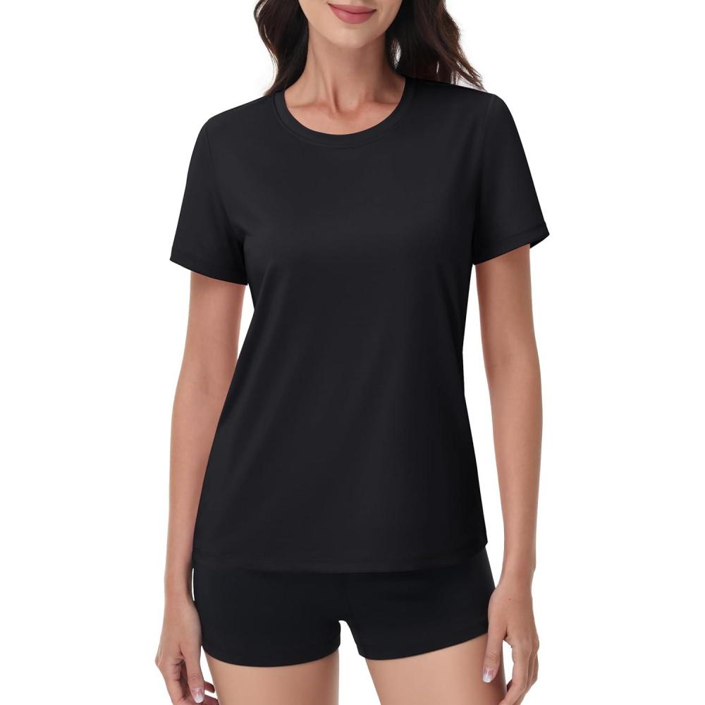 imageMAGCOMSEN Womens Short Sleeve Shirt UPF 80 Sun Protection TShirts Quick Dry Workout Gym Running TopsBlack
